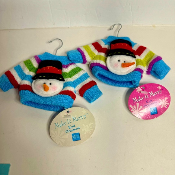 NWT. 2 knit sweater ornaments with 3-dimensional snowman. Brand is Russ. - Picture 1 of 10